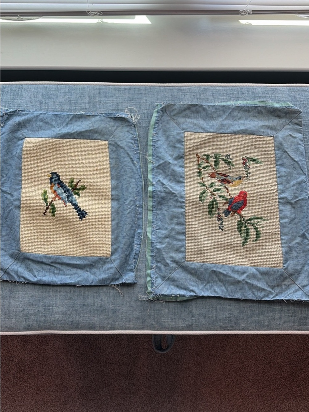 Vintage Raw Bird Needlepoint Embroidery Textile Fabric Pillow